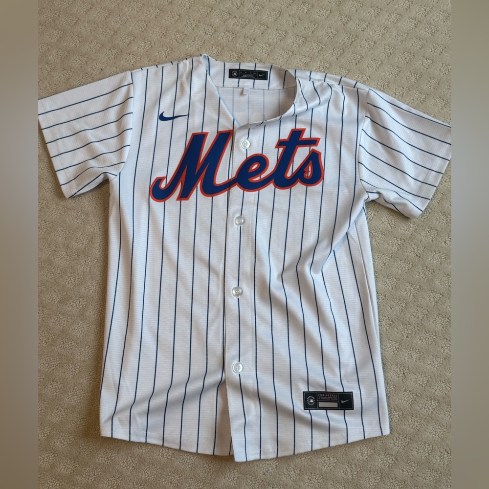 Nike Mets White and Blue Striped Jersey with Alonso name and number on the back